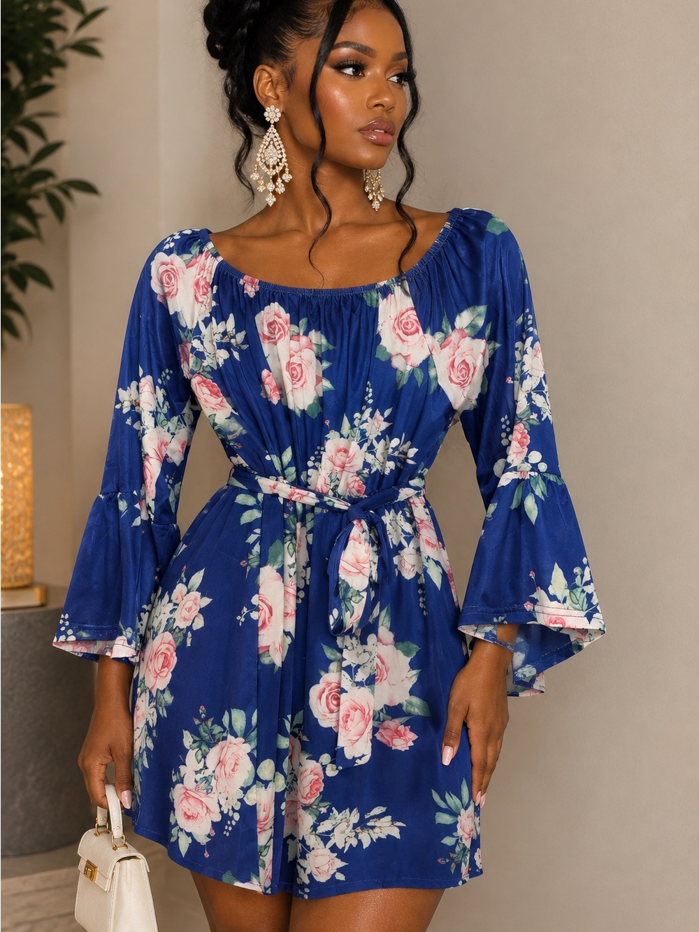 Rainbow Blue Floral Tie-Waist Mini Dress